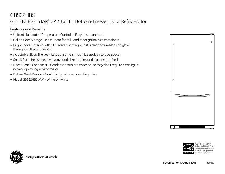 Gbs22hbs, Energy star, 3 cu. ft. bottom-freezer door refrigerator | GE GBS22HBS User Manual | Page 2 / 2