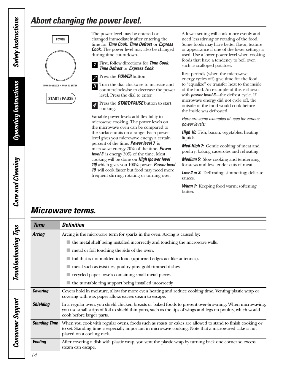 Changing power level, Microwave terms, About changing the power level | GE JVM1790 User Manual | Page 14 / 76