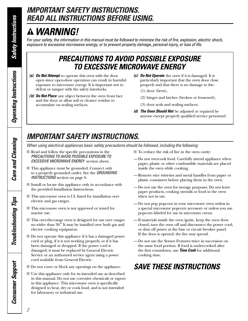 Safety instructions, Warning, Save these instructions | GE JVM1790 User Manual | Page 2 / 76