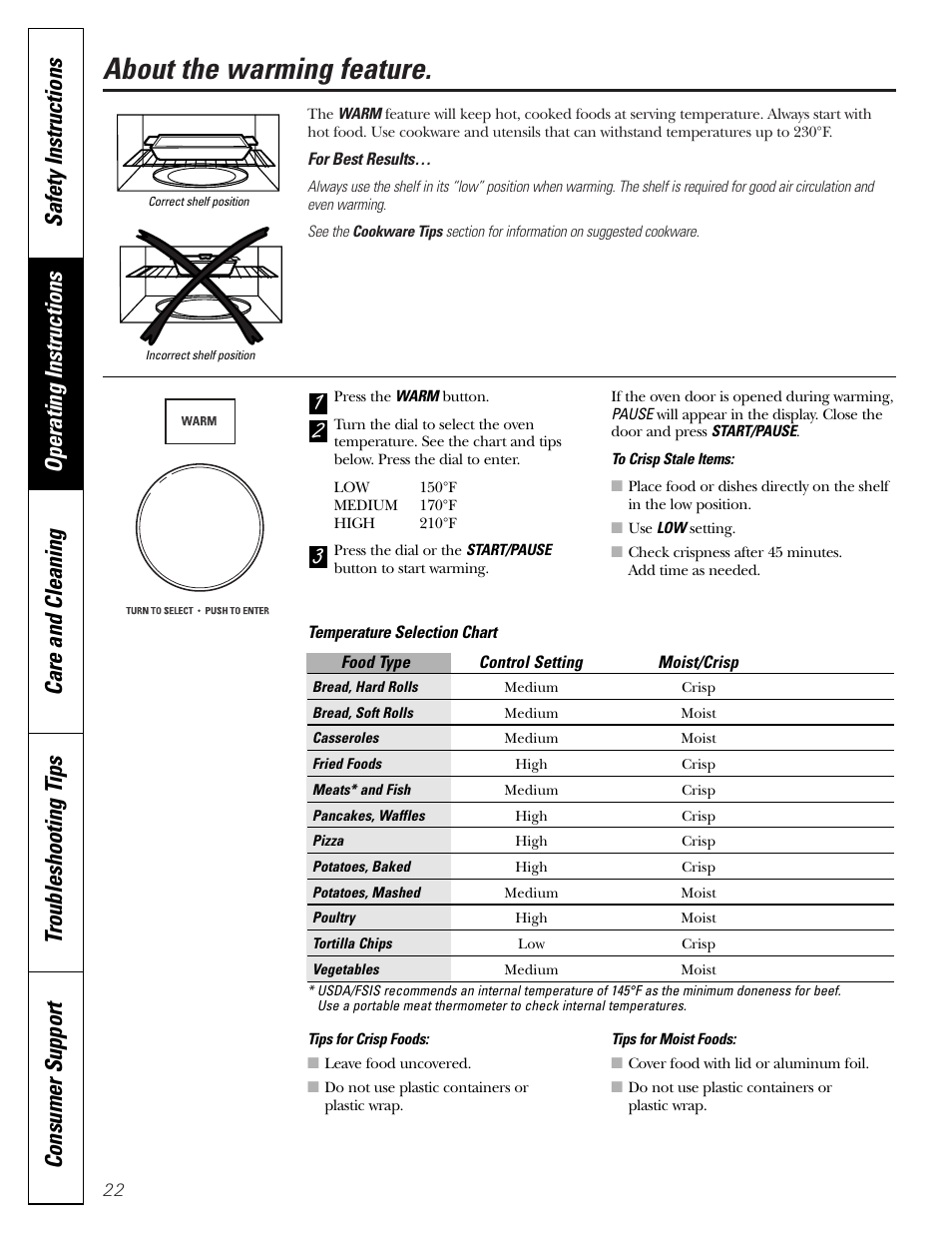 Warm feature, About the warming feature | GE JVM1790 User Manual | Page 22 / 76