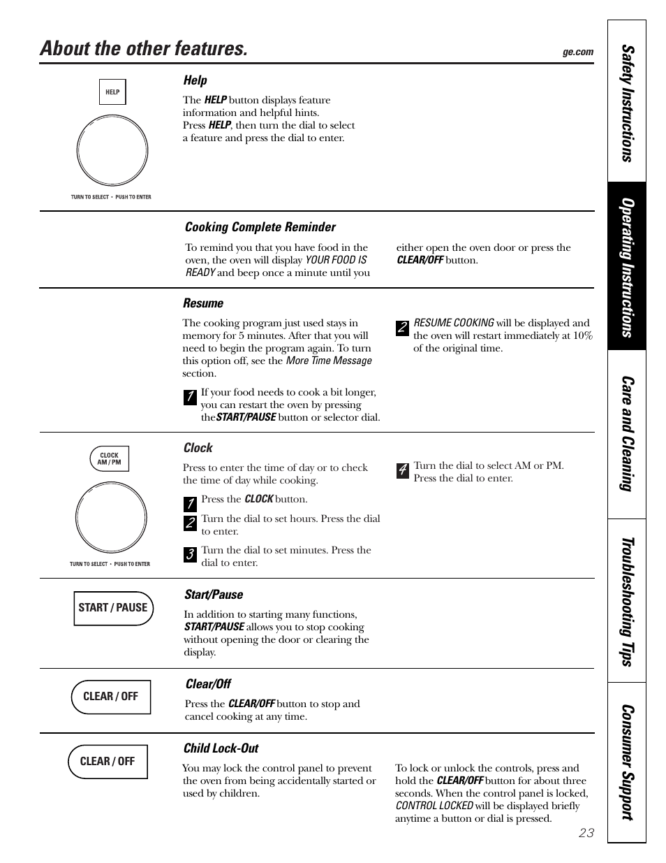 Other features, Child lock-out, Clear/off | Clock, Cooking complete reminder, Help, Resume, Start/pause, Other features –25, Resume start/pause | GE JVM1790 User Manual | Page 23 / 76