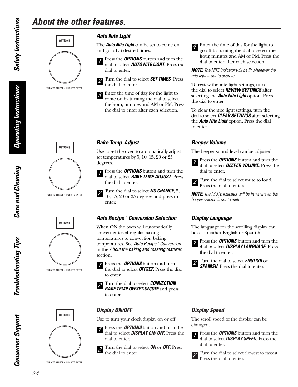 Auto nite light, Bake temp. adjust, Beeper volume | Display language, Display on/off, Display speed, Bake temp. adjust beeper volume, Display language display on/off display speed, About the other features | GE JVM1790 User Manual | Page 24 / 76