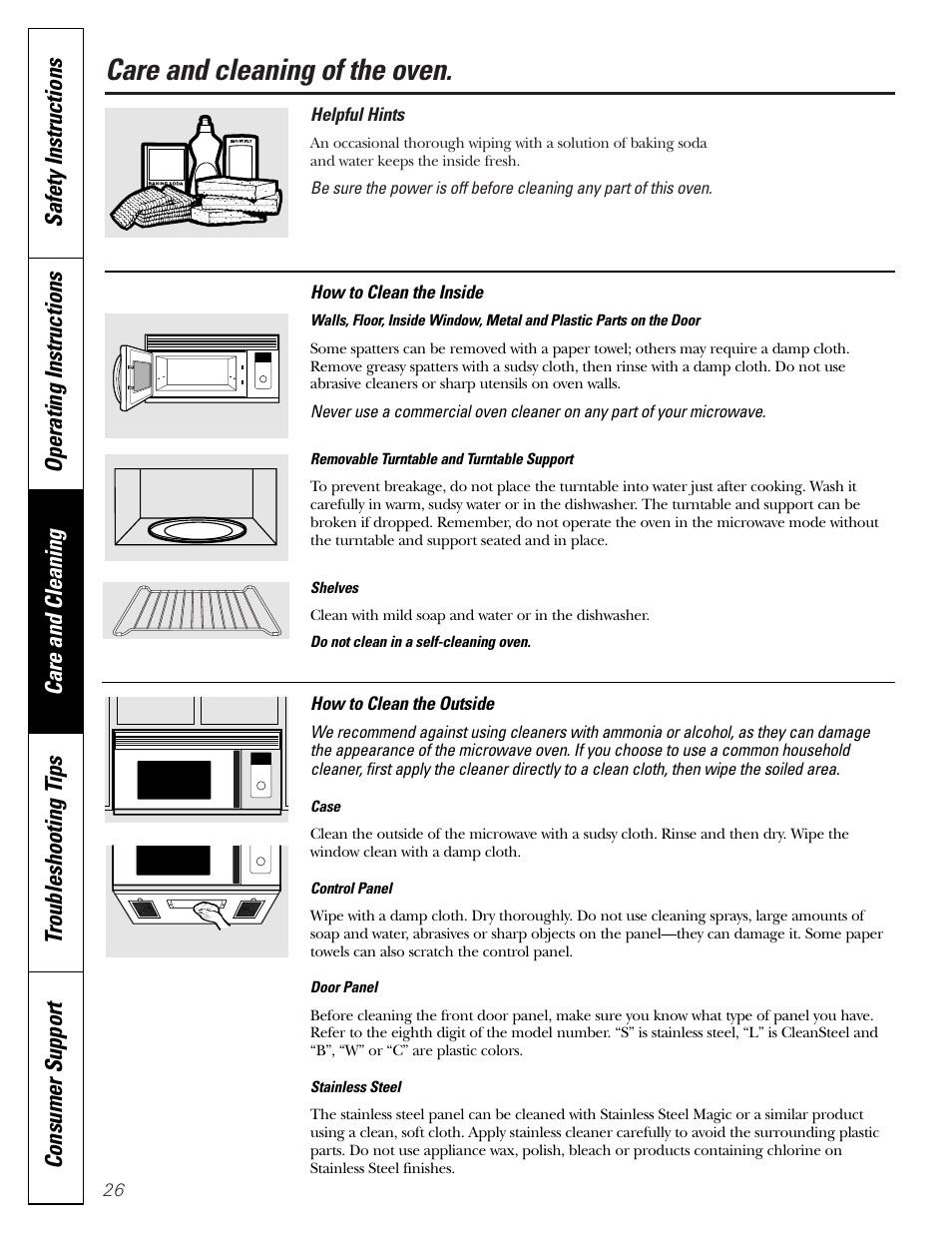 Inside, Outside, Inside outside | Care and cleaning of the oven | GE JVM1790 User Manual | Page 26 / 76