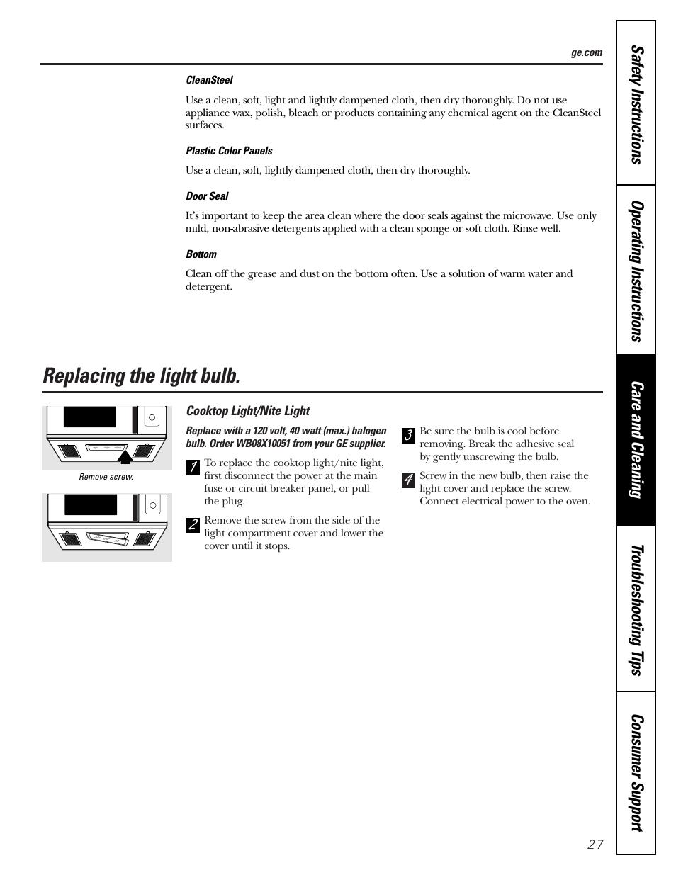 Replacing the light bulbs, Stainless steel, Replacing the light bulbs stainless steel | Replacing the light bulb | GE JVM1790 User Manual | Page 27 / 76