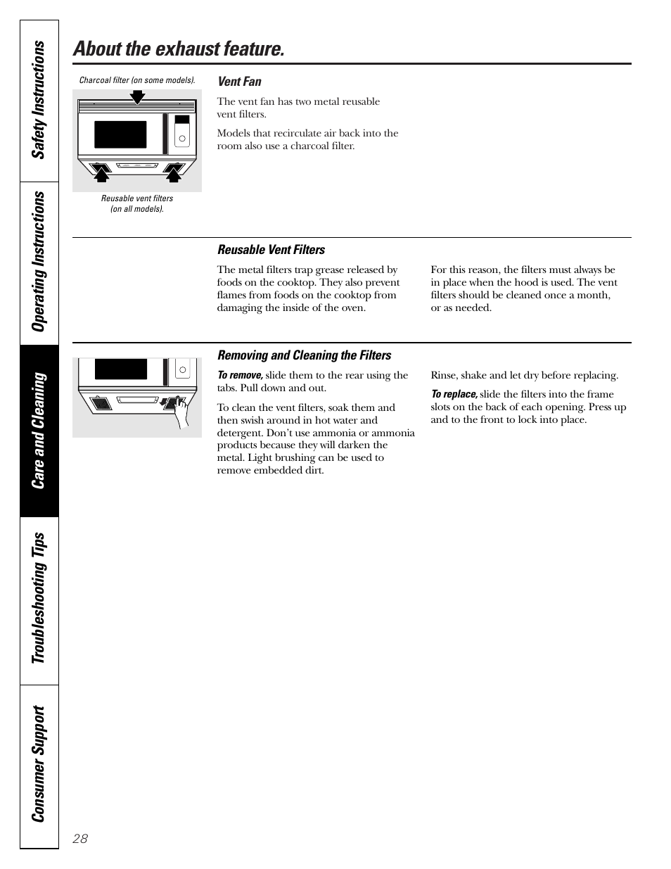 Vent filters, Vent filters , 29, About the exhaust feature | GE JVM1790 User Manual | Page 28 / 76