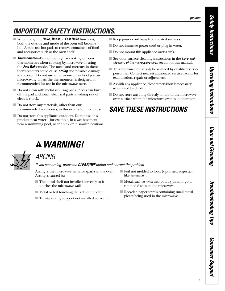 Warning, Important safety instructions, Save these instructions arcing | GE JVM1790 User Manual | Page 3 / 76