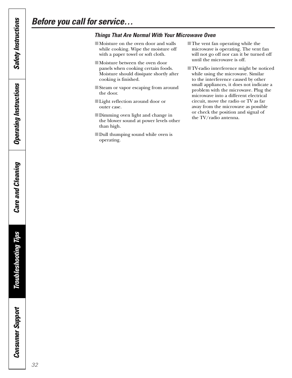 Things that are normal with your microwave oven, Before you call for service | GE JVM1790 User Manual | Page 32 / 76