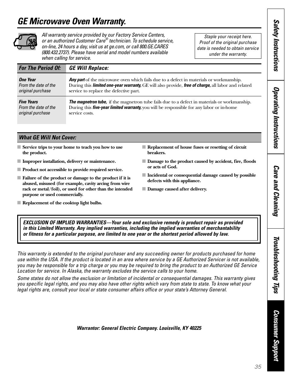 Warranty, Ge microwave oven warranty | GE JVM1790 User Manual | Page 35 / 76