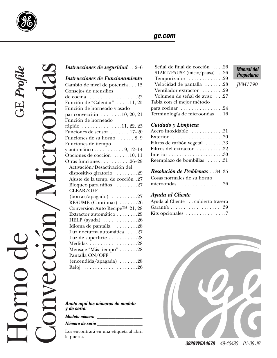 Español, Instrucciones de funcionamiento, Cuidado y limpieza | Ayuda al cliente, Horno de convección/microondas, Ge pr ofile | GE JVM1790 User Manual | Page 37 / 76