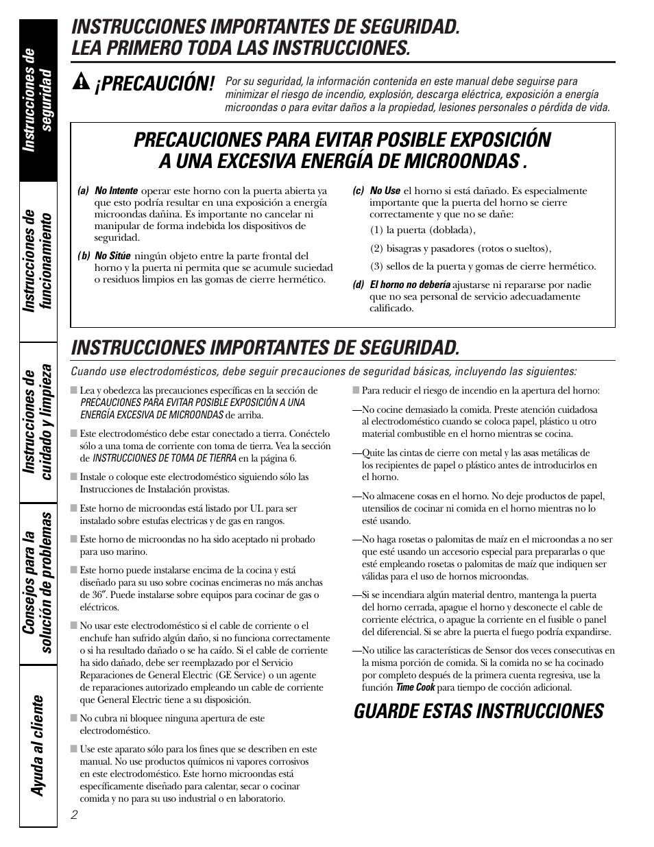 Instrucciones de seguridad, Instrucciones importantes de seguridad, Guarde estas instrucciones ¡precaución | GE JVM1790 User Manual | Page 38 / 76