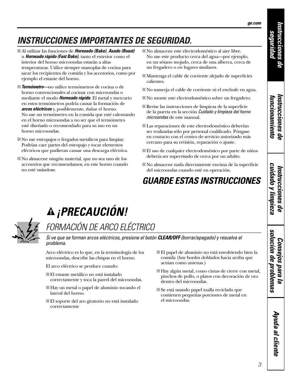 Precaución, Instrucciones importantes de seguridad | GE JVM1790 User Manual | Page 39 / 76