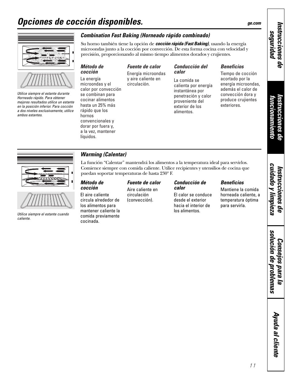 Función de “calentar, Función de horneado rápido, Función de “calentar” , 25 | Función de horneado rápido , 22, 23, Opciones de cocción disponibles | GE JVM1790 User Manual | Page 47 / 76