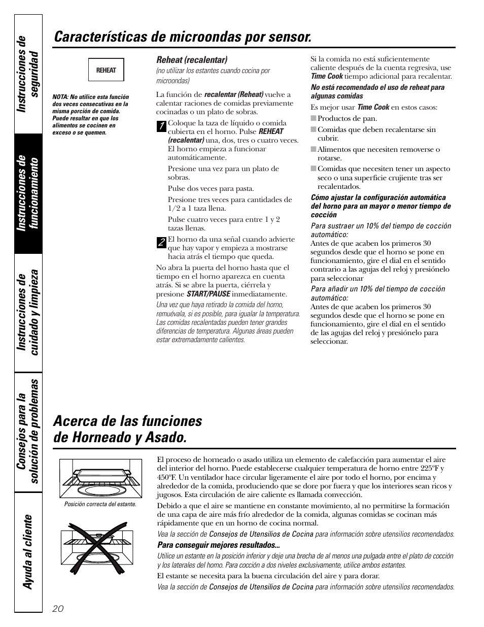 Características de microondas por sensor, Acerca de las funciones de horneado y asado | GE JVM1790 User Manual | Page 56 / 76