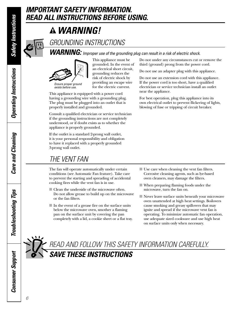 Warning, The vent fan | GE JVM1790 User Manual | Page 6 / 76