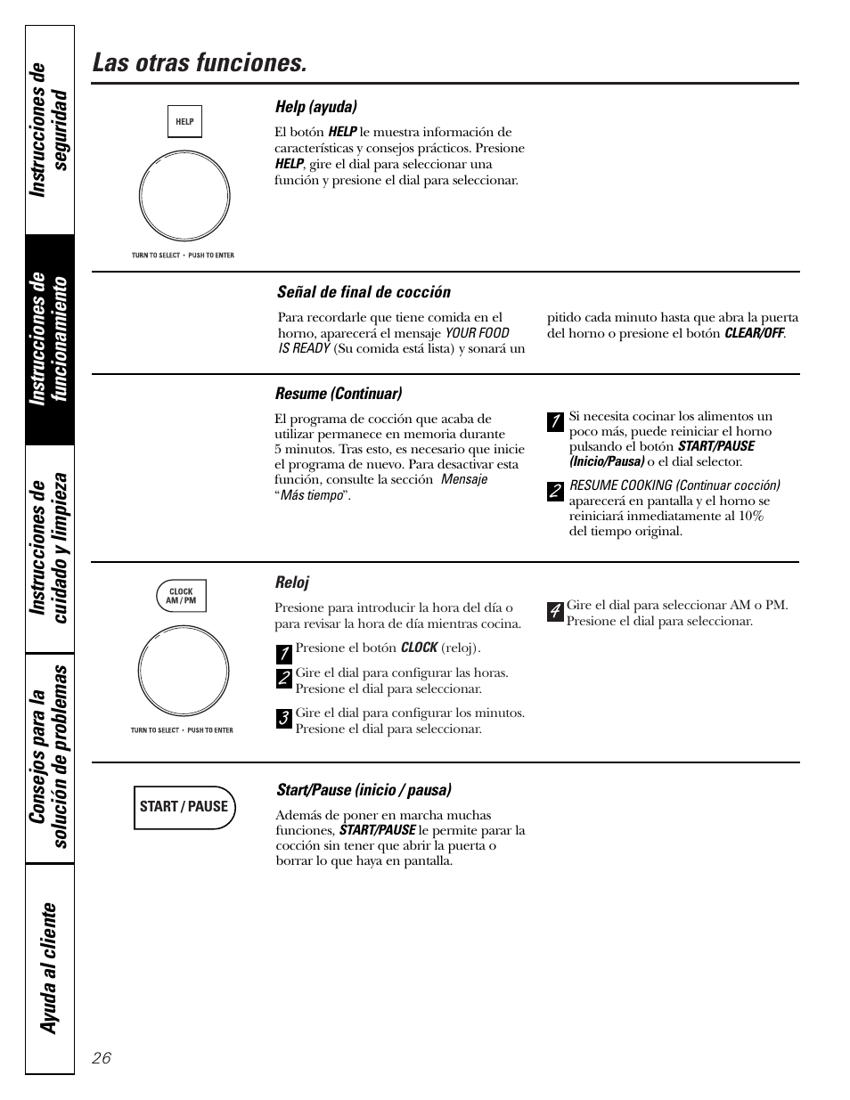 Otras funciones, Resume (continuar), Help (ayuda) | Reloj, Señal de final de cocción, Start/pause (inicio/pausa), Otras funciones –29, Las otras funciones | GE JVM1790 User Manual | Page 62 / 76