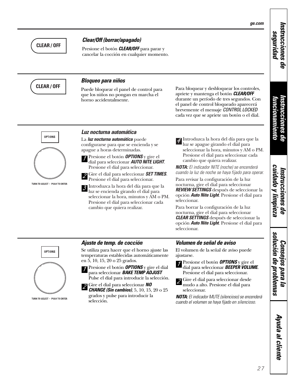 Ajuste de la temp. de cocción, Bloqueo para niños, Clear/off (borrar/apagado) | Luz nocturna automática, Volumen de señal de aviso | GE JVM1790 User Manual | Page 63 / 76