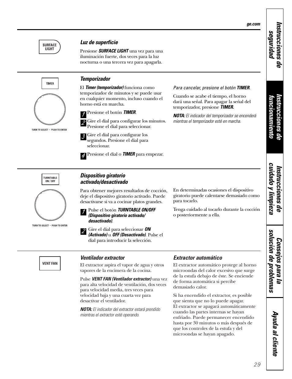 Activación/desactivación del dispositivo giratorio, Extractor automático, Temporizador | Ventilador extractor | GE JVM1790 User Manual | Page 65 / 76