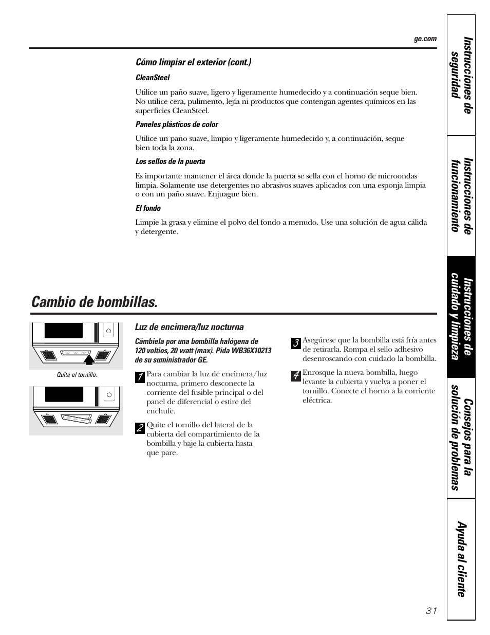 Acero inoxidable, Reemplazo de bombillas, Cambio de bombillas | GE JVM1790 User Manual | Page 67 / 76