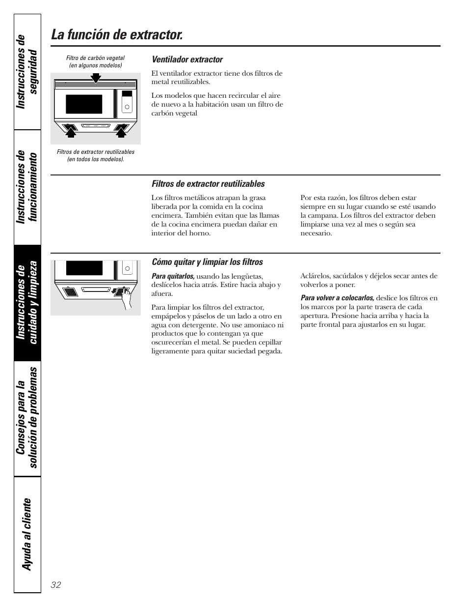 Filtros del extractor, La función de extractor | GE JVM1790 User Manual | Page 68 / 76