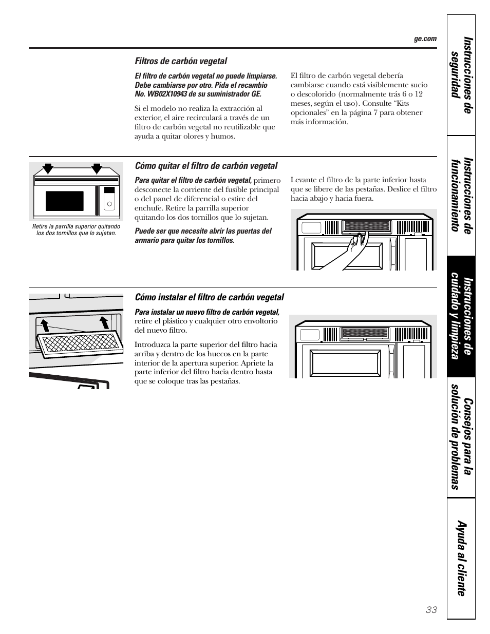 Filtros de carbón vegetal | GE JVM1790 User Manual | Page 69 / 76