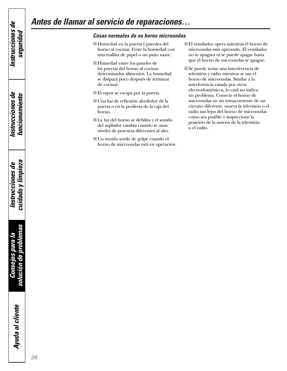 Cosas normales de su horno microondas, Antes de llamar al servicio de reparaciones | GE JVM1790 User Manual | Page 72 / 76