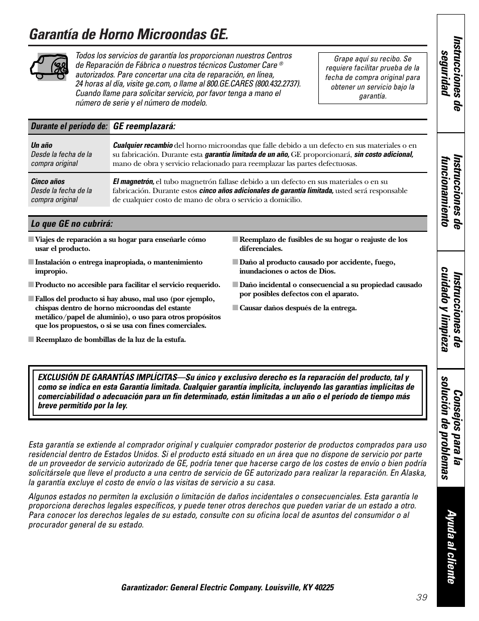 Garantía, Garantía de horno microondas ge | GE JVM1790 User Manual | Page 75 / 76