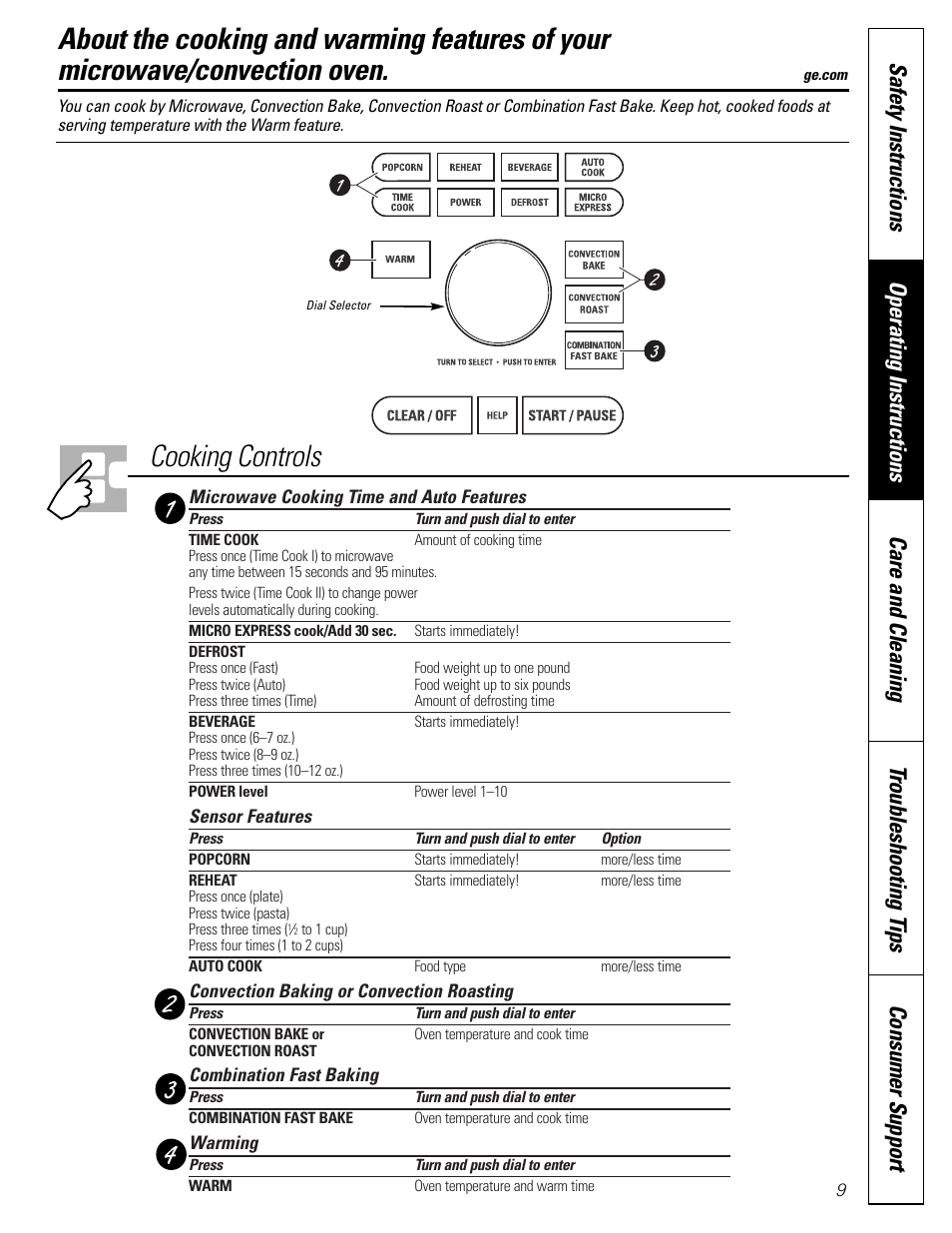 Time and auto features, Time and auto features , 11–13, Cooking controls | GE JVM1790 User Manual | Page 9 / 76