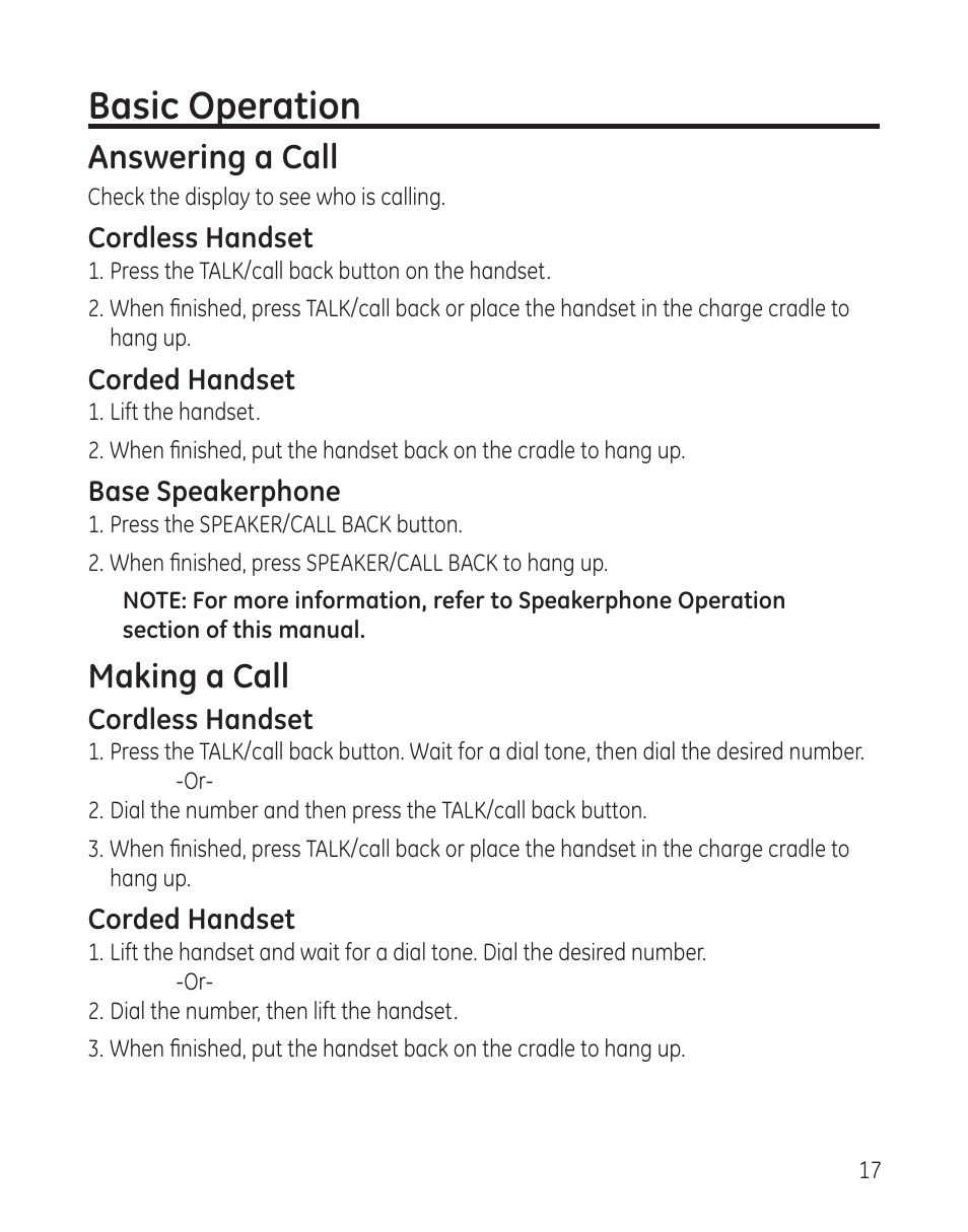 Basic operation, Answering a call, Making a call | GE 27881 User Manual | Page 17 / 96