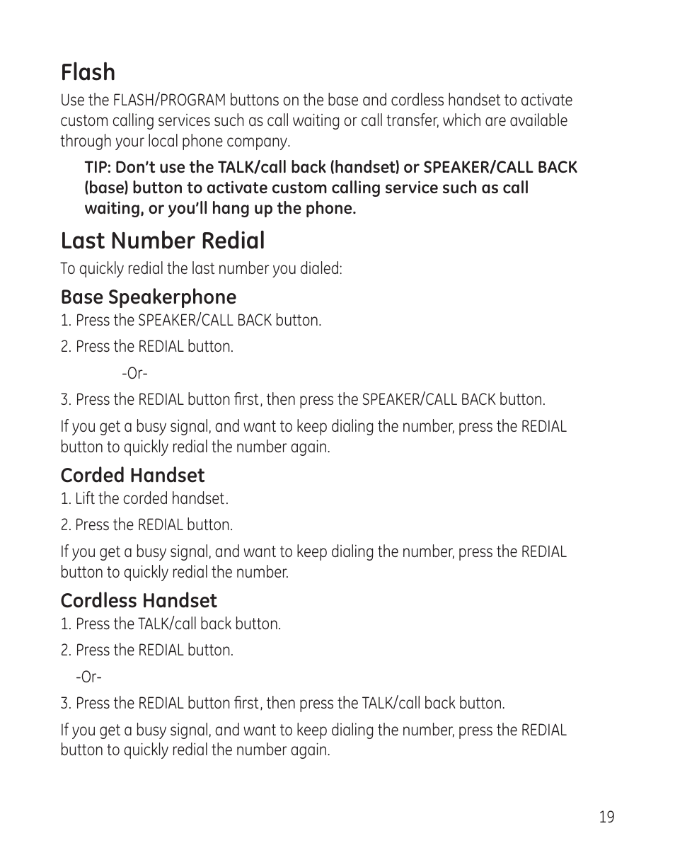 Flash, Last number redial | GE 27881 User Manual | Page 19 / 96