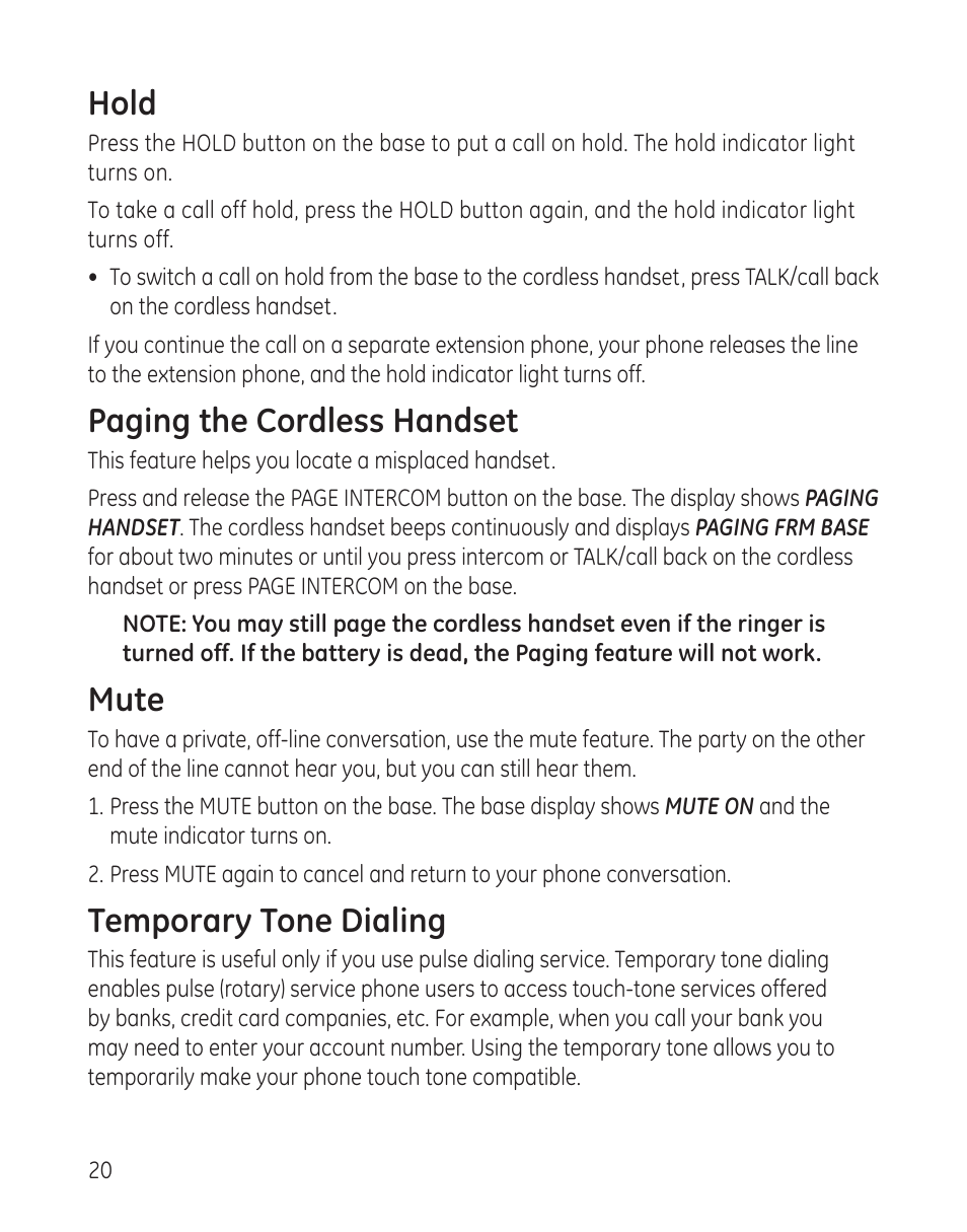 Hold, Paging the cordless handset, Mute | Temporary tone dialing | GE 27881 User Manual | Page 20 / 96