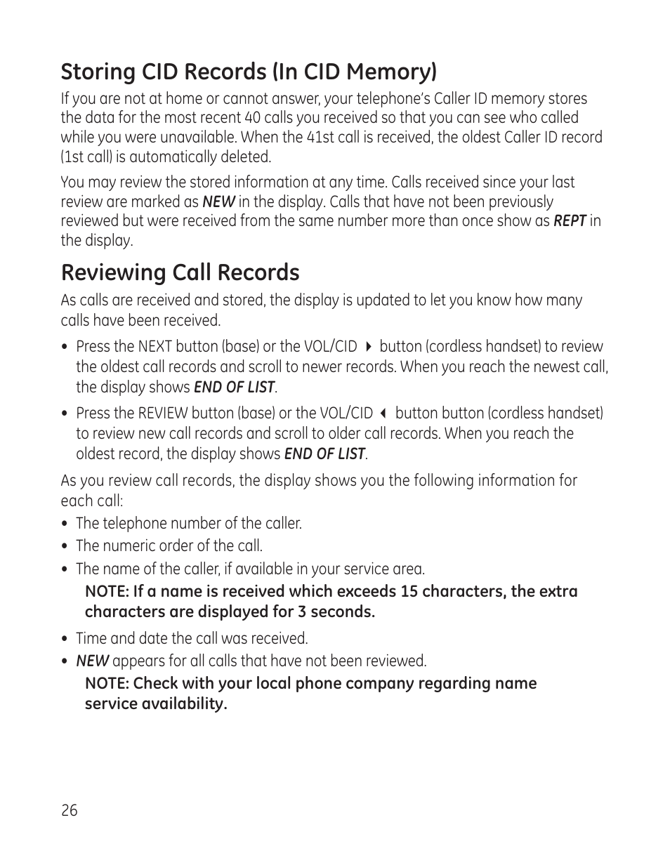 Reviewing call records | GE 27881 User Manual | Page 26 / 96