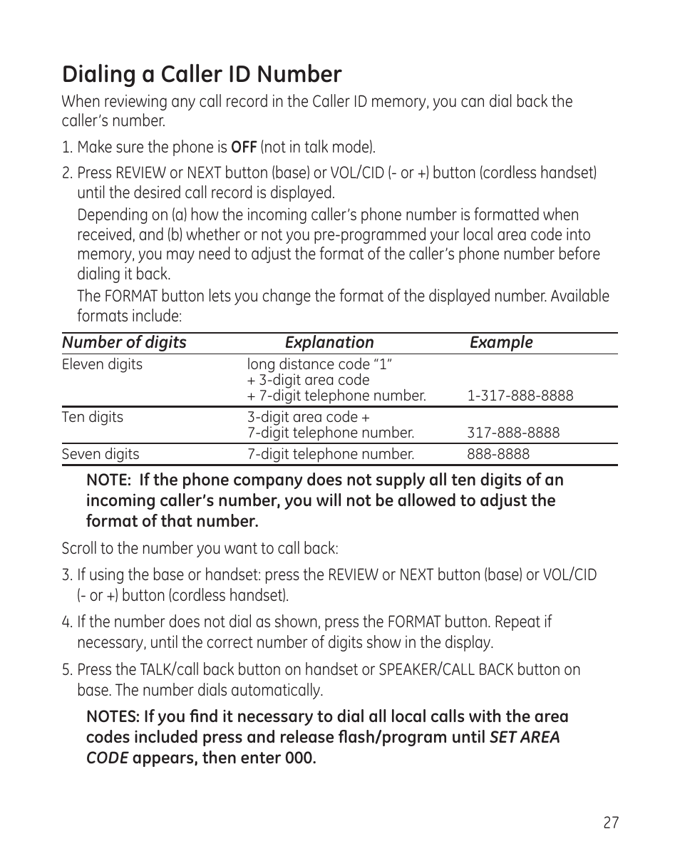 Dialing a caller id number | GE 27881 User Manual | Page 27 / 96