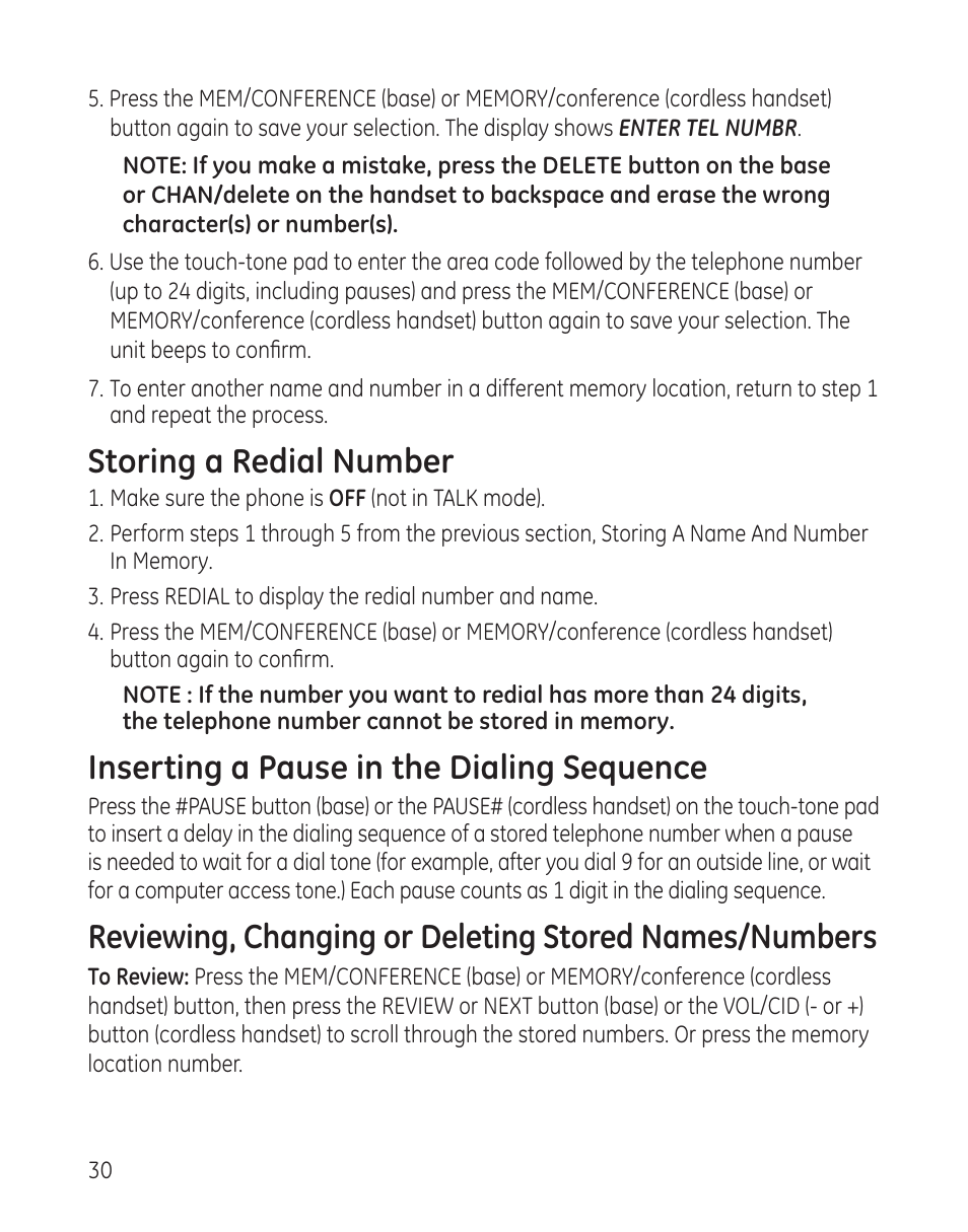 Storing a redial number, Inserting a pause in the dialing sequence | GE 27881 User Manual | Page 30 / 96
