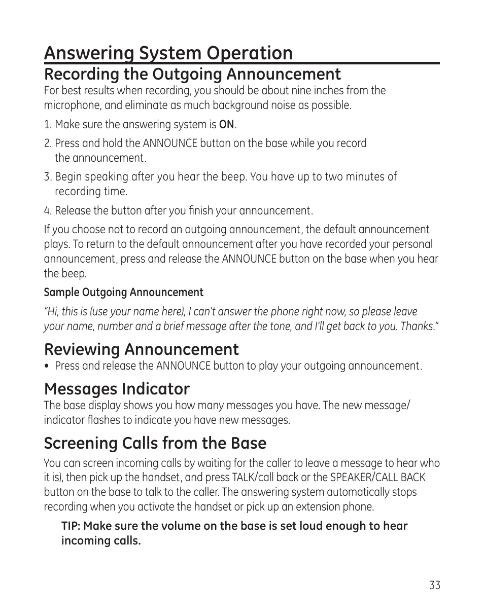 Answering system operation, Recording the outgoing announcement, Reviewing announcement | Messages indicator, Screening calls from the base | GE 27881 User Manual | Page 33 / 96