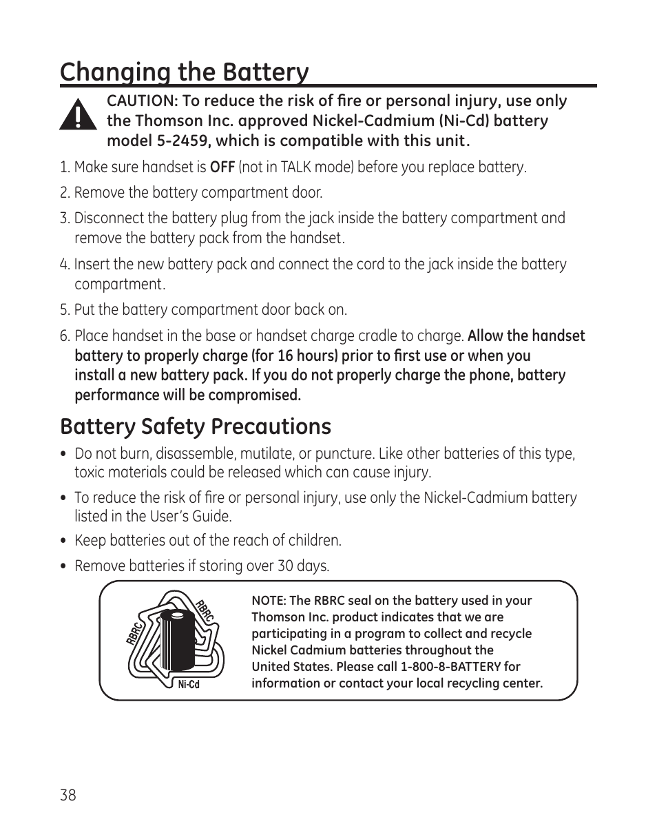 Changing the battery, Battery safety precautions | GE 27881 User Manual | Page 38 / 96