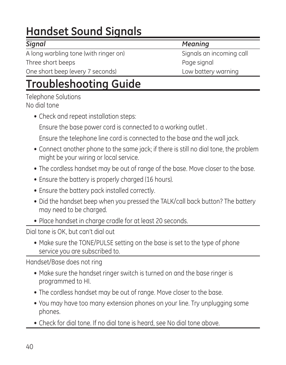 Handset sound signals, Troubleshooting guide | GE 27881 User Manual | Page 40 / 96