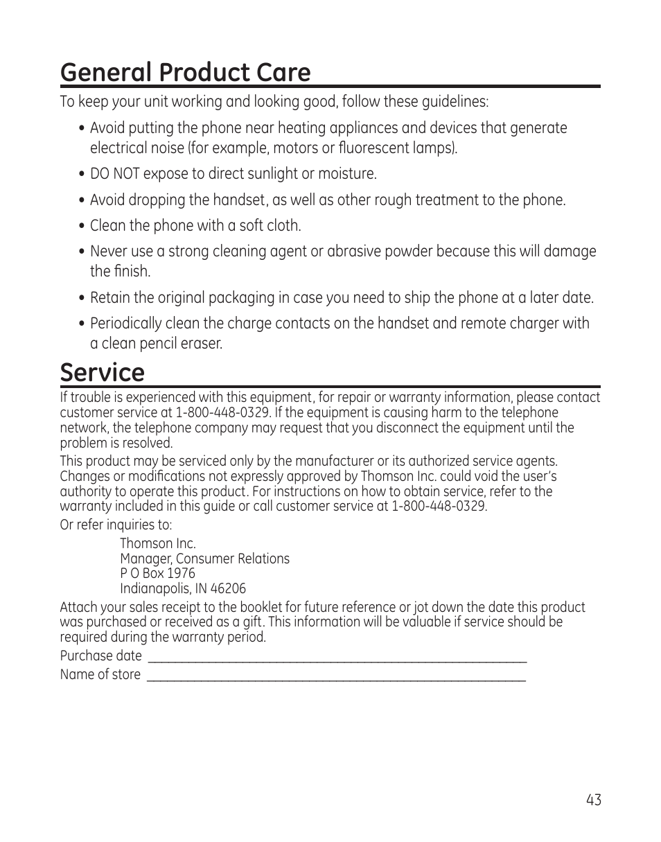 General product care, Service | GE 27881 User Manual | Page 43 / 96