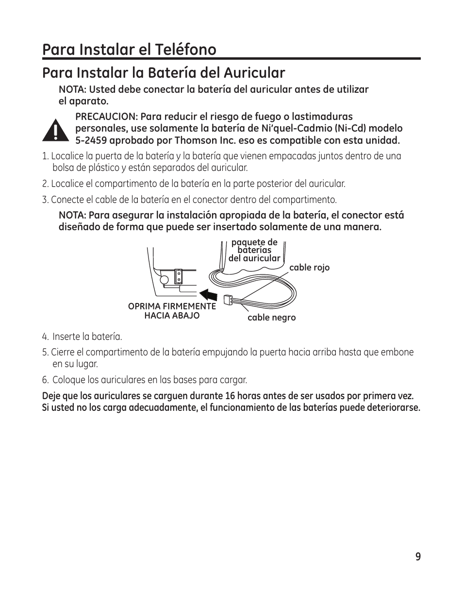 Para instalar el teléfono, Para instalar la batería del auricular | GE 27881 User Manual | Page 57 / 96