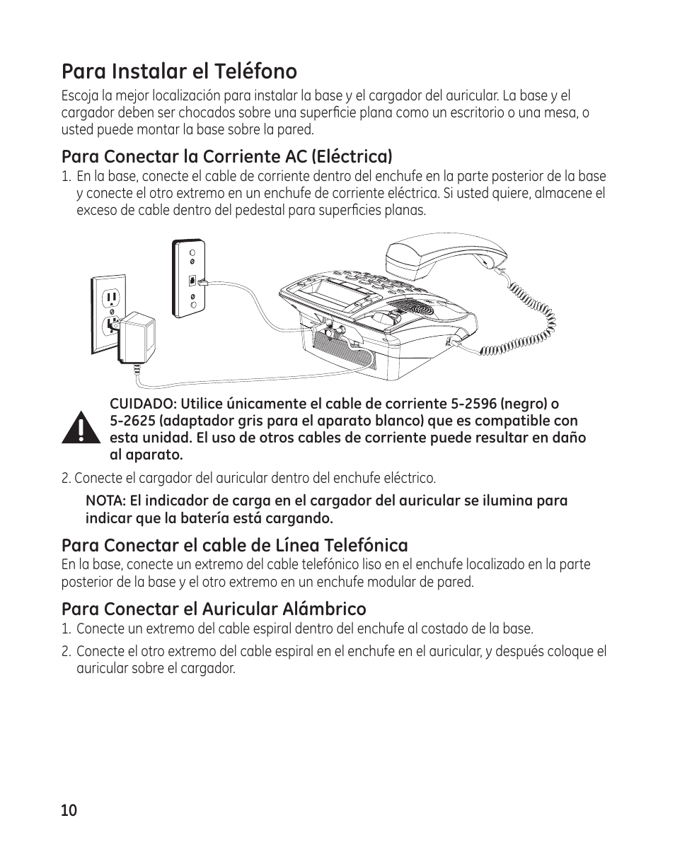 Para instalar el teléfono, Para conectar la corriente ac (eléctrica), Para conectar el cable de línea telefónica | Para conectar el auricular alámbrico | GE 27881 User Manual | Page 58 / 96