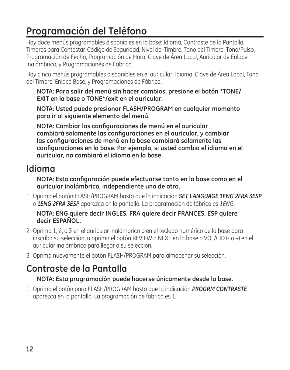Programación del teléfono, Idioma, Contraste de la pantalla | GE 27881 User Manual | Page 60 / 96
