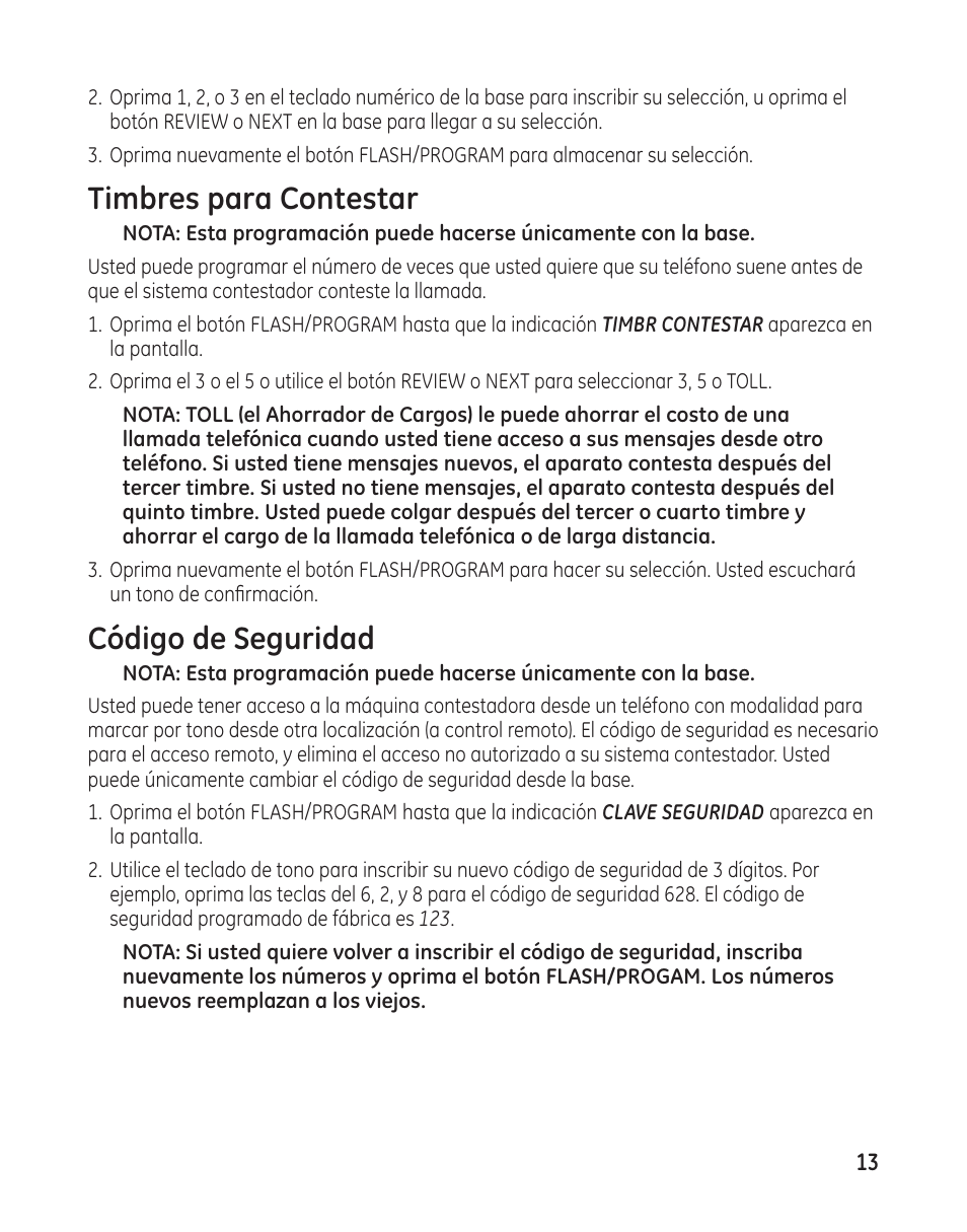 Timbres para contestar, Código de seguridad | GE 27881 User Manual | Page 61 / 96