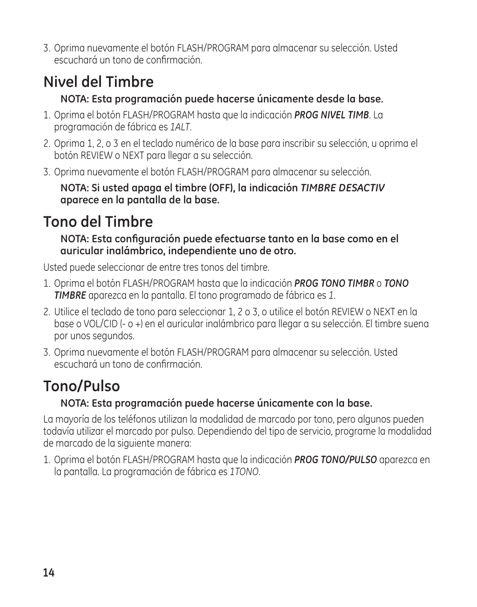 Nivel del timbre, Tono del timbre, Tono/pulso | GE 27881 User Manual | Page 62 / 96