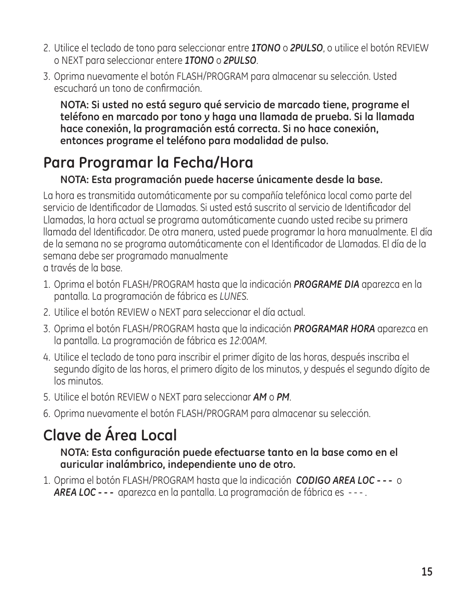 Para programar la fecha/hora, Clave de área local | GE 27881 User Manual | Page 63 / 96