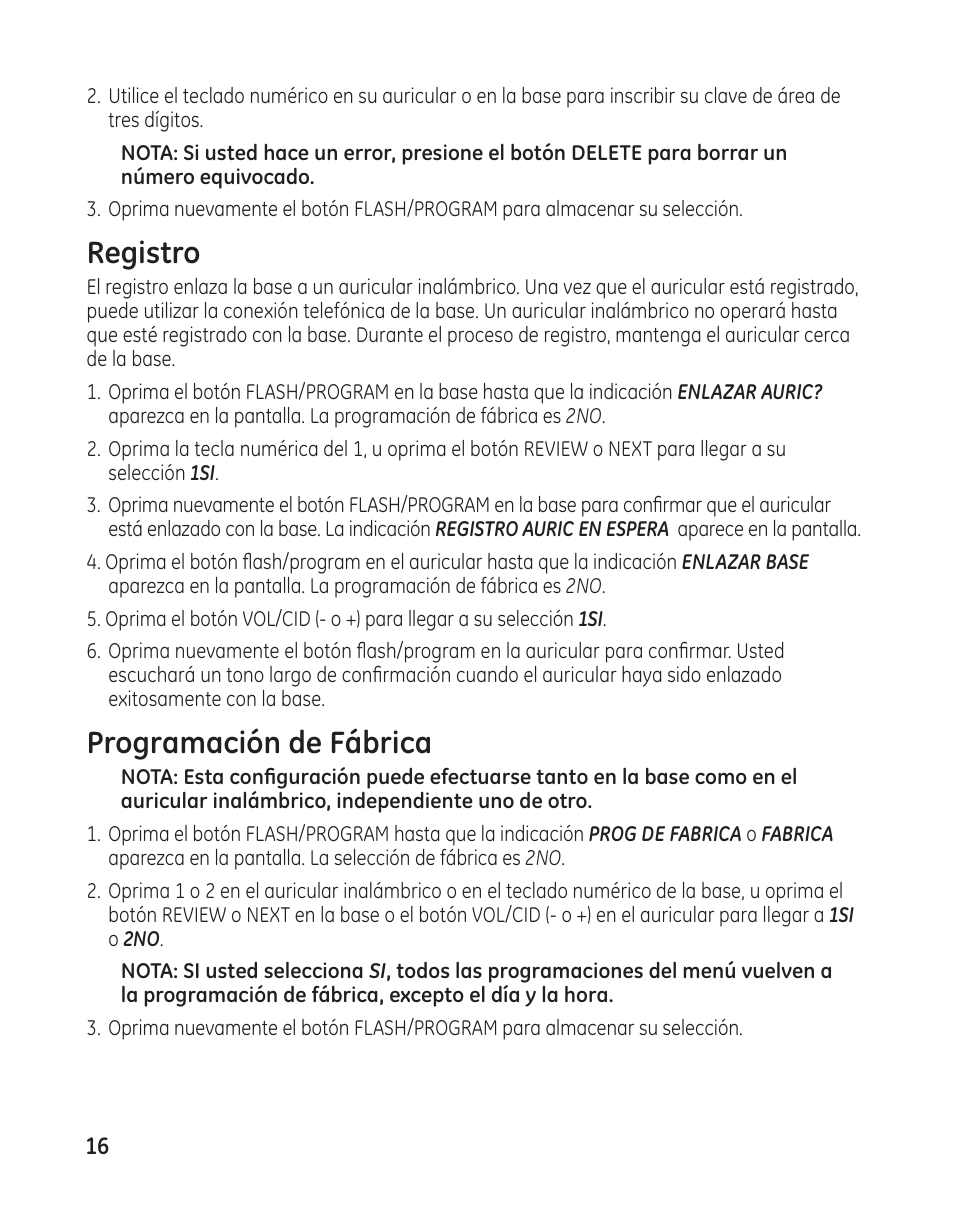 Registro, Programación de fábrica | GE 27881 User Manual | Page 64 / 96