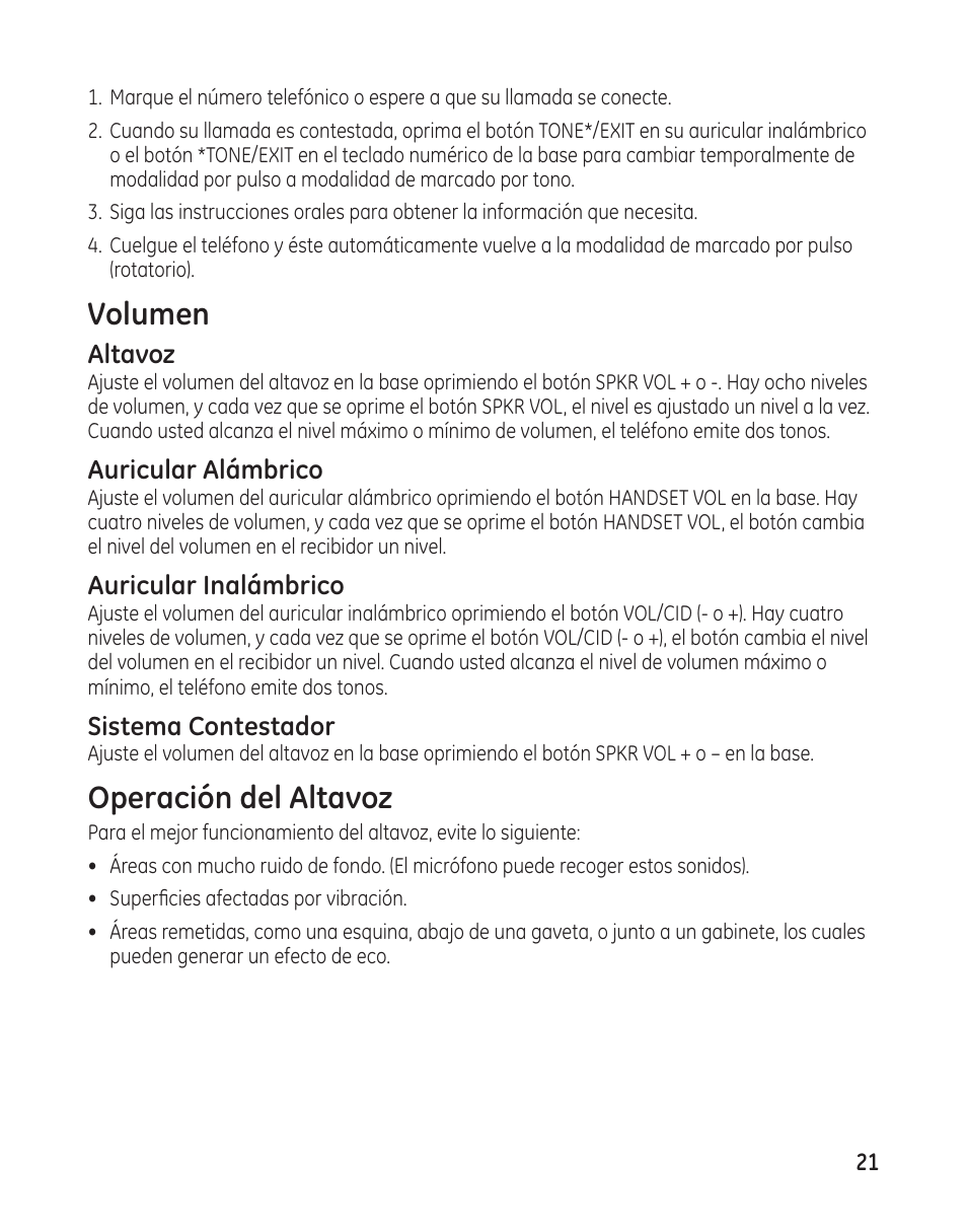 Volumen, Operación del altavoz | GE 27881 User Manual | Page 69 / 96