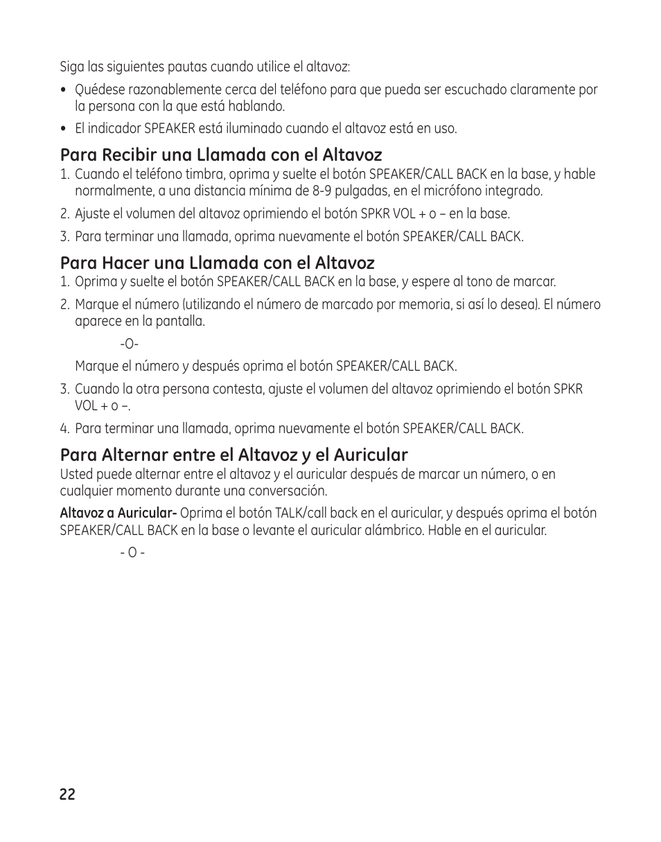 Para recibir una llamada con el altavoz, Para hacer una llamada con el altavoz, Para alternar entre el altavoz y el auricular | GE 27881 User Manual | Page 70 / 96