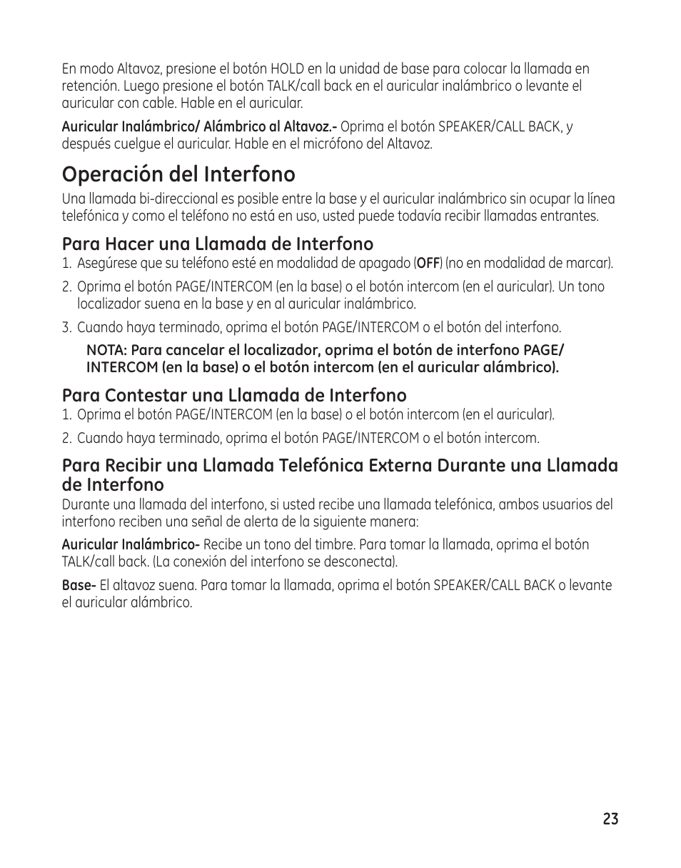 Operación del interfono, Para hacer una llamada de interfono, Para contestar una llamada de interfono | GE 27881 User Manual | Page 71 / 96