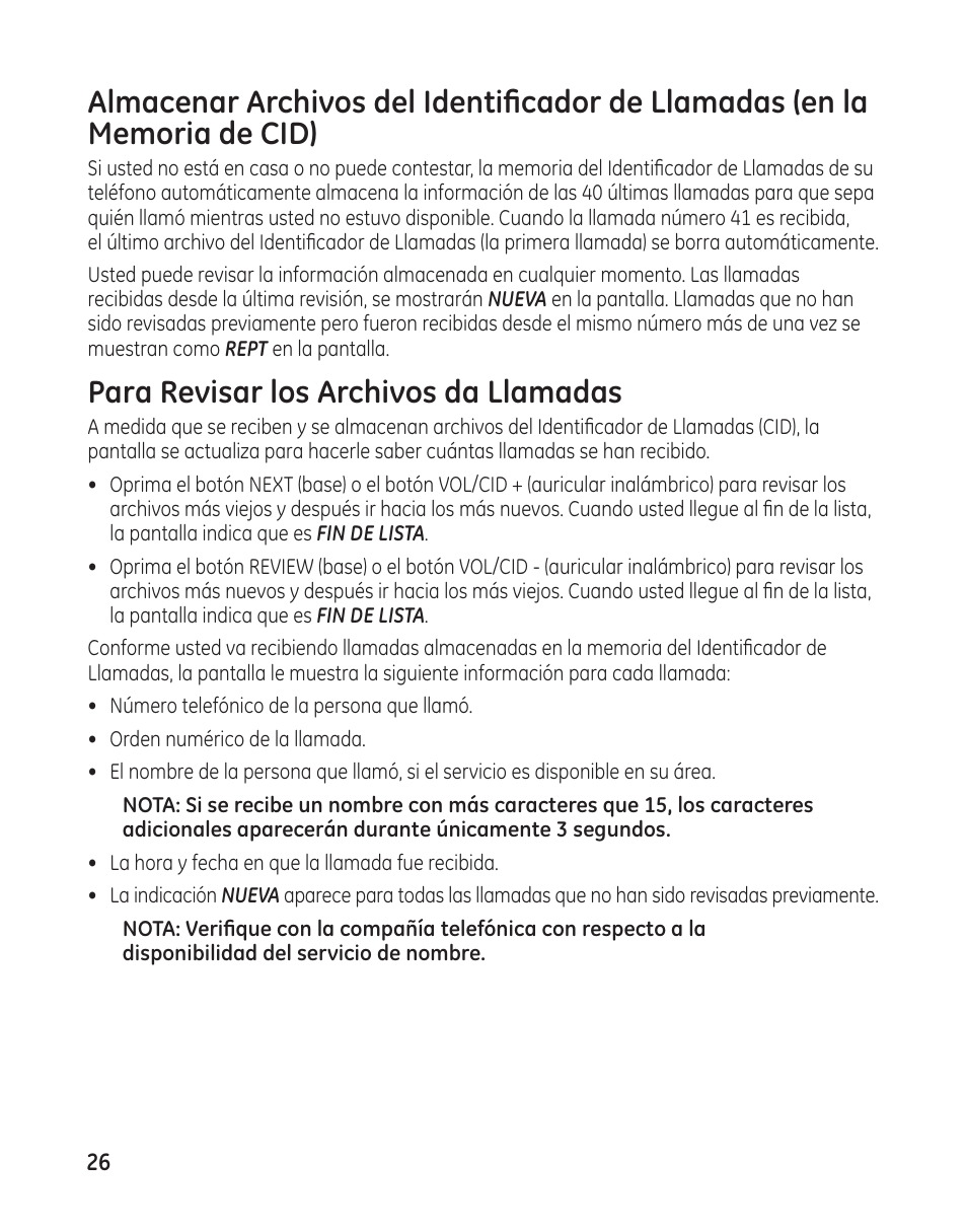 Para revisar los archivos da llamadas | GE 27881 User Manual | Page 74 / 96