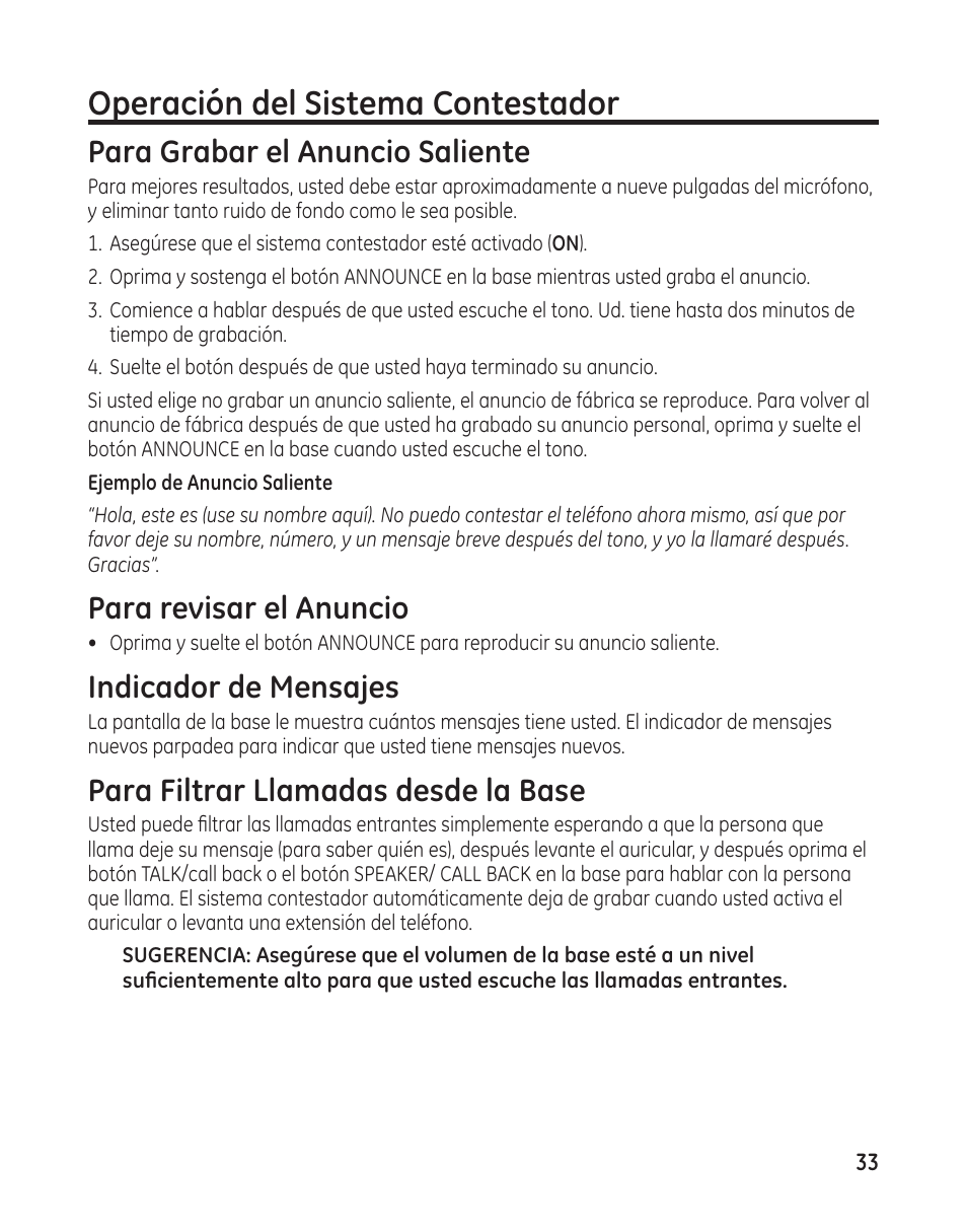 Operación del sistema contestador, Para grabar el anuncio saliente, Para revisar el anuncio | Indicador de mensajes, Para filtrar llamadas desde la base | GE 27881 User Manual | Page 81 / 96