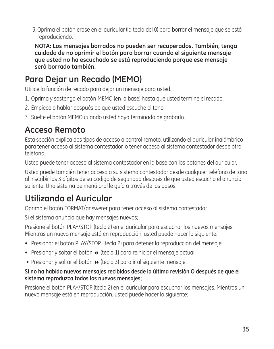 Acceso remoto, Utilizando el auricular | GE 27881 User Manual | Page 83 / 96